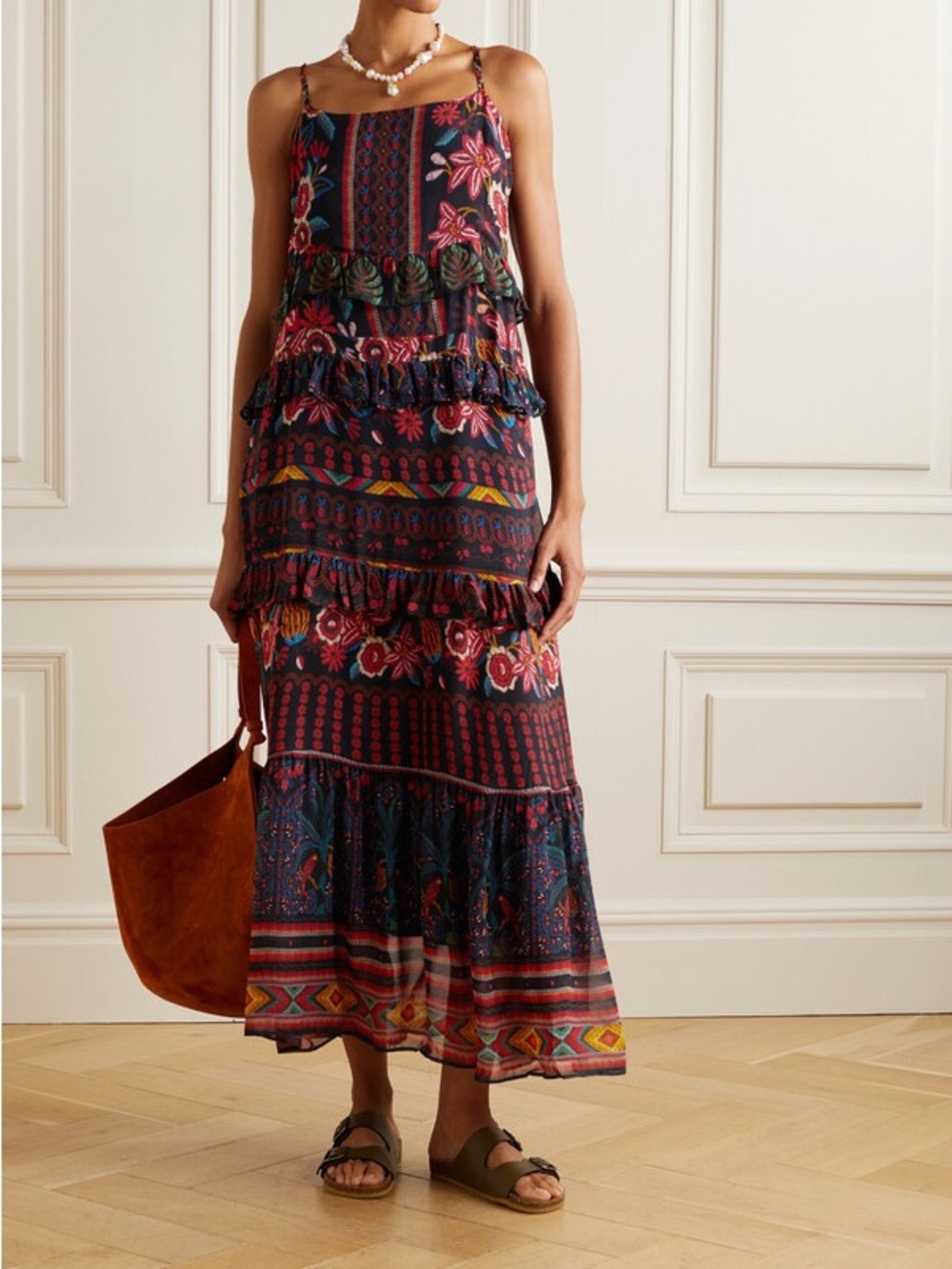 FARM Rio Black Tiered Fruits Paradise Maxi Dress with Floral Print, Sz Med